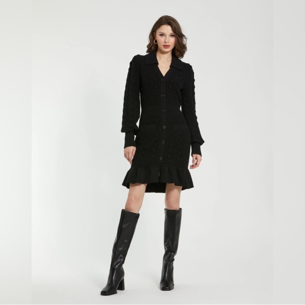 MAC DUGGAL Long Sleeve Button Up Collared Bobble Knit Sweater Dress